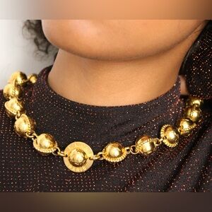 Vintage Celine Paris Gold Tone Star Medallion Necklace Signed Logo Link Chain